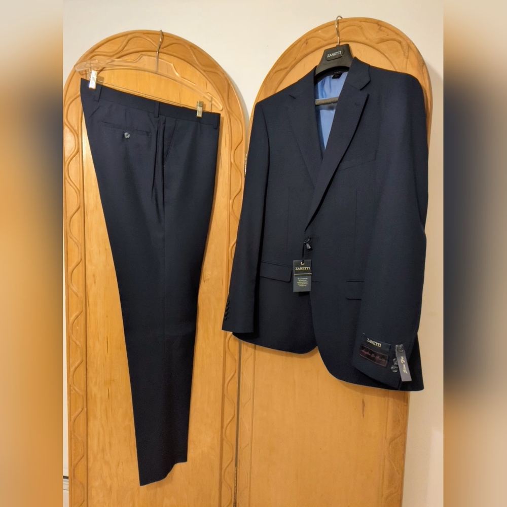 Men's Zanetti Wool suit sz 42L x 36" waist NEW w Tags Solid Navy Blue